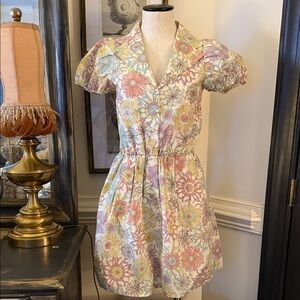 Floral Puff-Sleeve V-Neck Cotton Dress in Pastel Multi